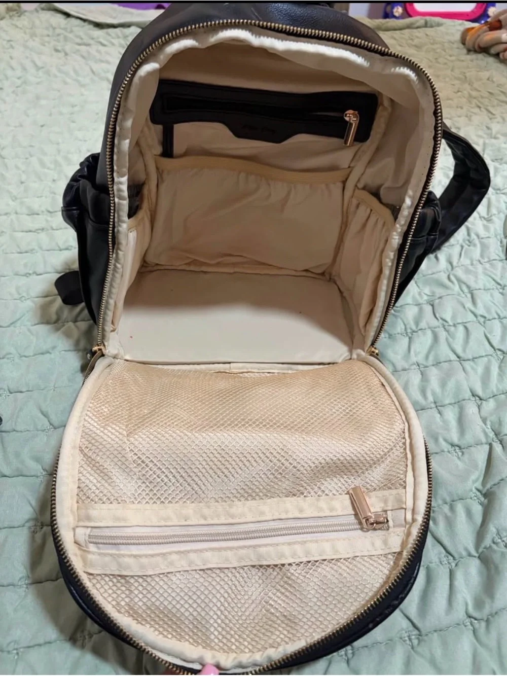 Miss Fong Black Leather Women’s diaper backpack with Gold Hardware